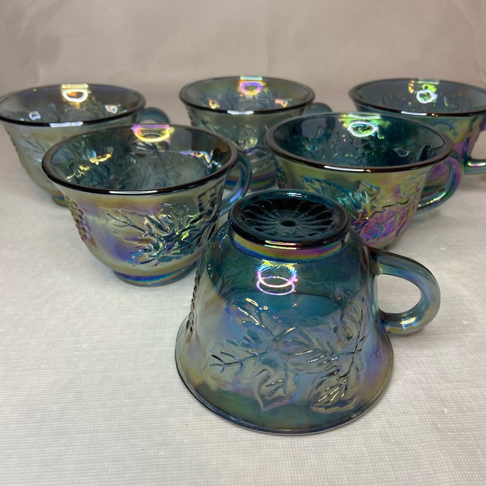 6 - Vintage Iridescent Blue Indiana Carnival Glass Grape Harvest Punch Cups